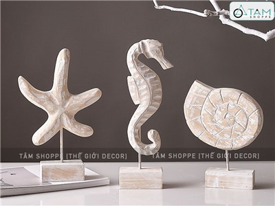 Standee tượng gỗ mốc trắng 3 kiểu chủ đề biển [Thủ công - Cao 29-33cm] MHDB-BIEN-01